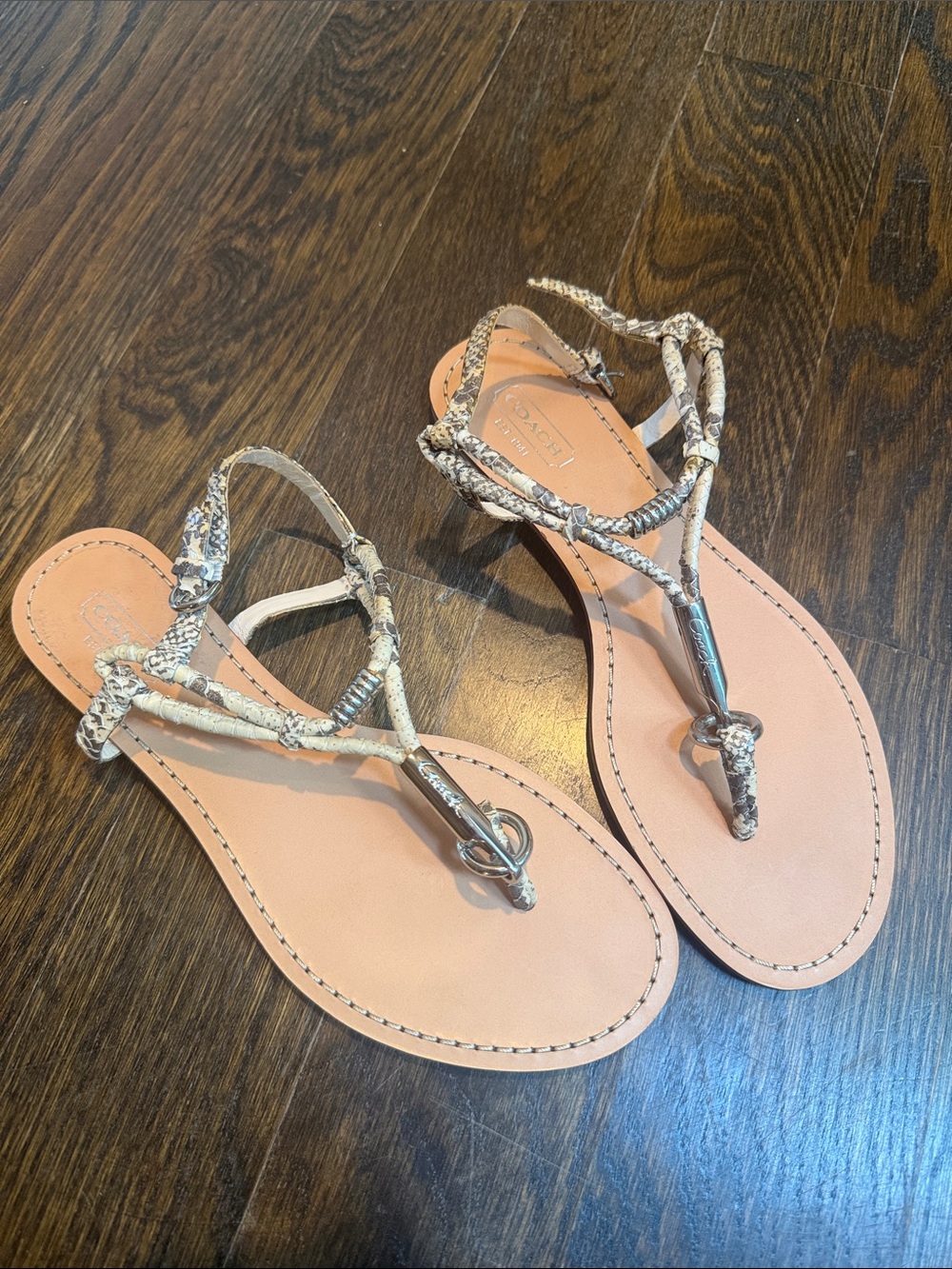Coach Beige Tan Braided Leather Thong Sandals